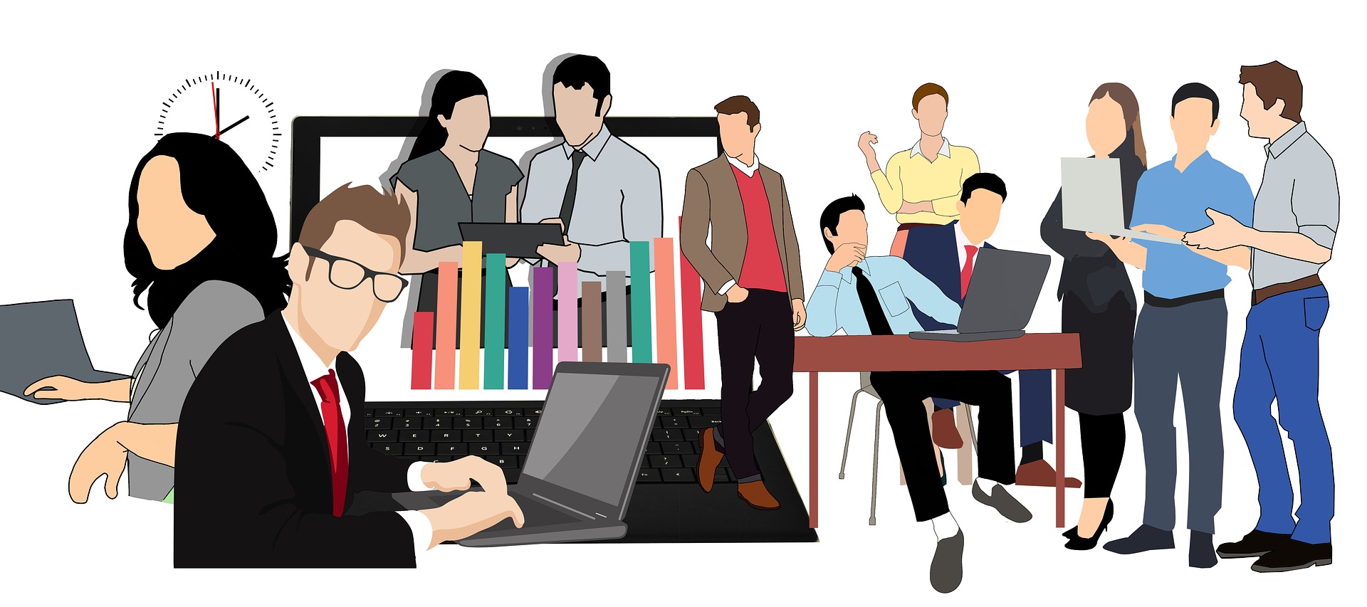 Personas realizando distintas actividades empresariales.