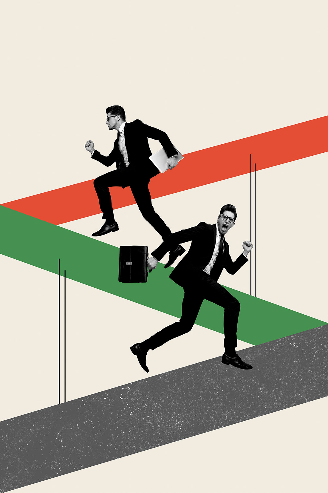 Dos hombres motivados sosteniendo un portafolio corriendo sobre distintas líneas de colores 