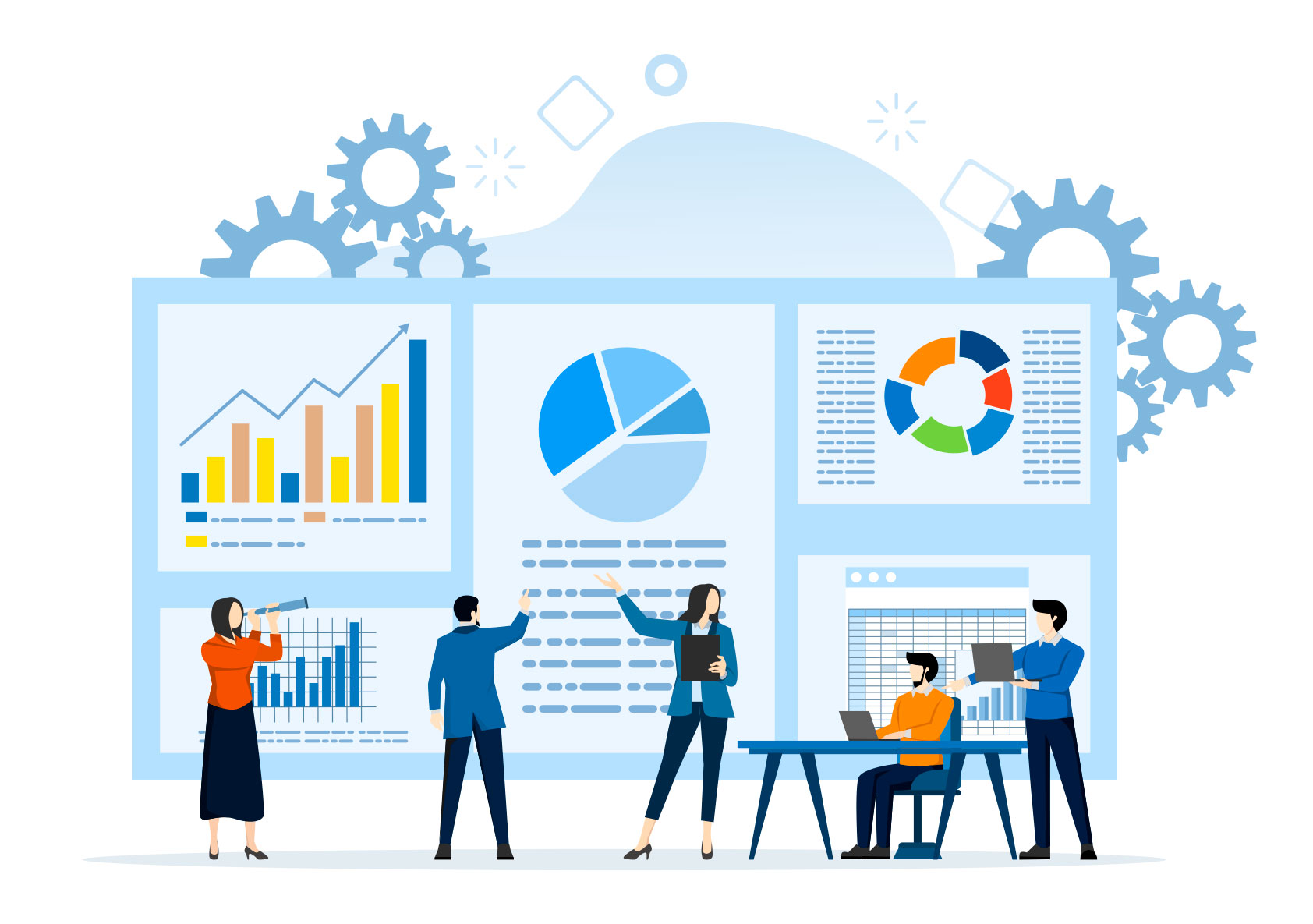 Información a suministrar Personas analizando diferentes datos que se presentan con gráficas, tablas y prosa