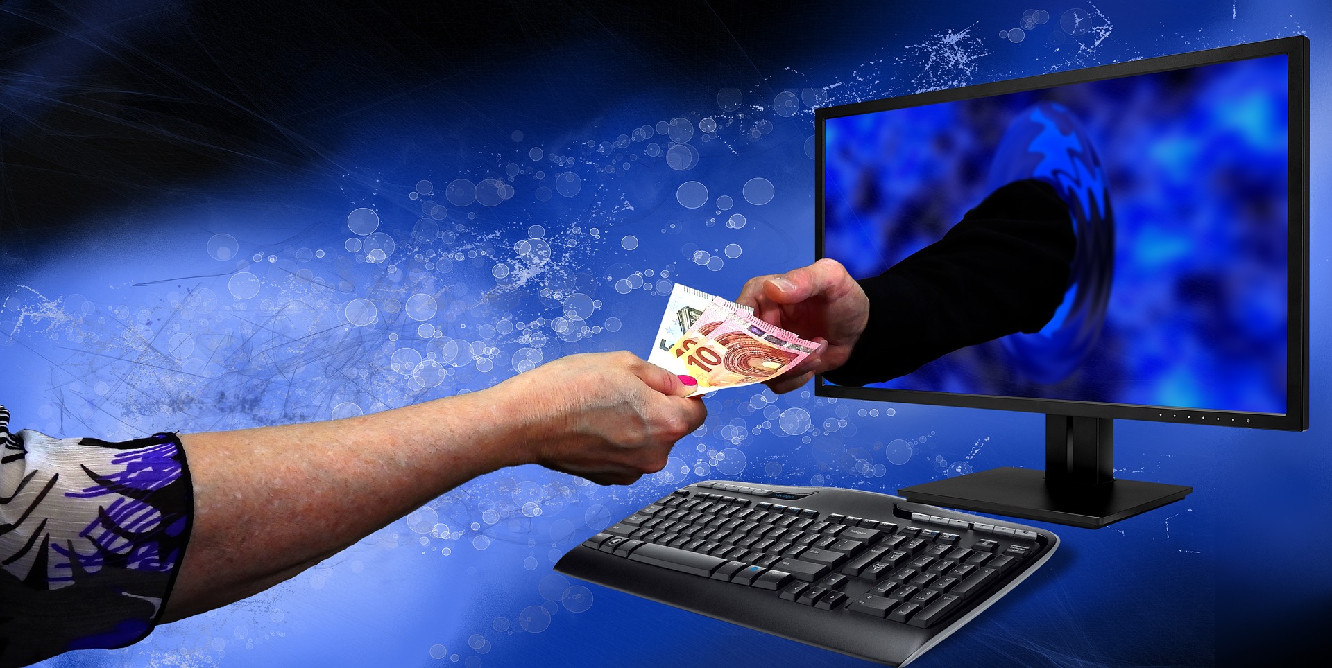 Persona dando dinero en efectivo a una mano que sale de un monitor.