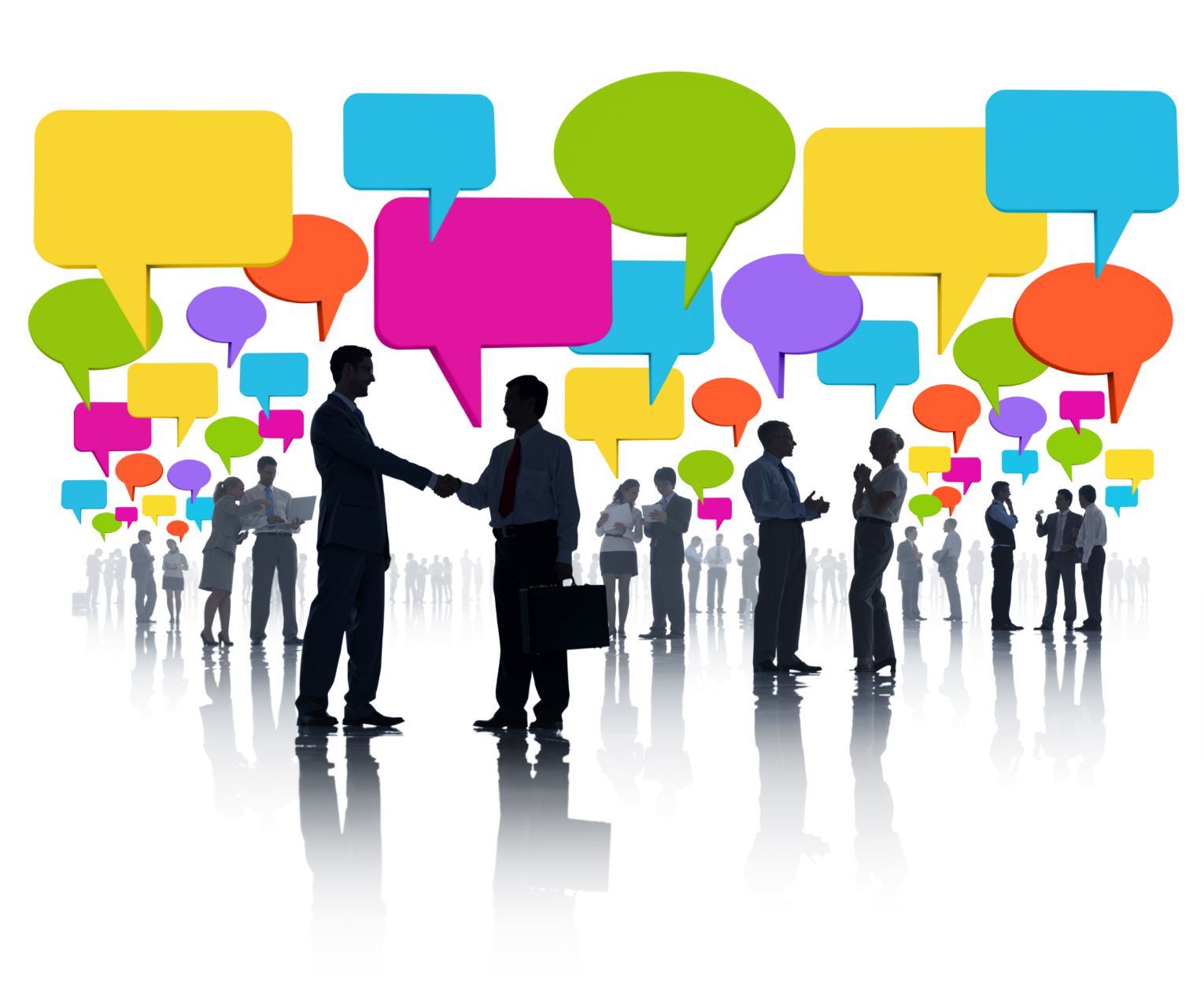 Personas conversando; sobre ellos, cuadros de diálogo de colores