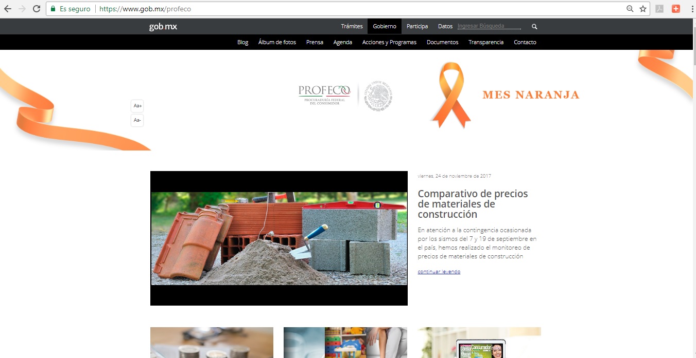 portal de Internet de la página de la Profeco.