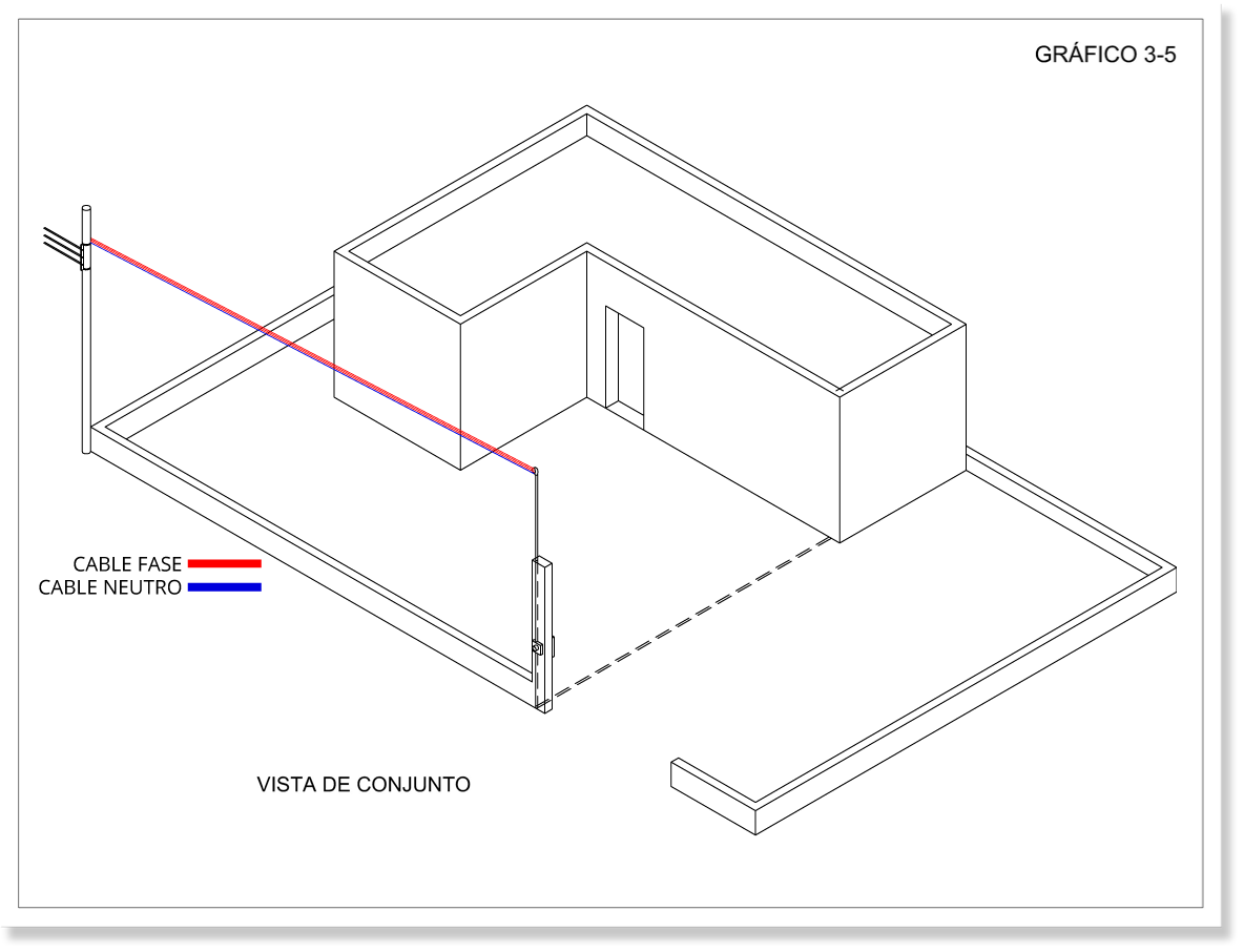 Imagen de la instalación de una acometida aérea, a través de un poste eléctrico y la columna de una vivienda