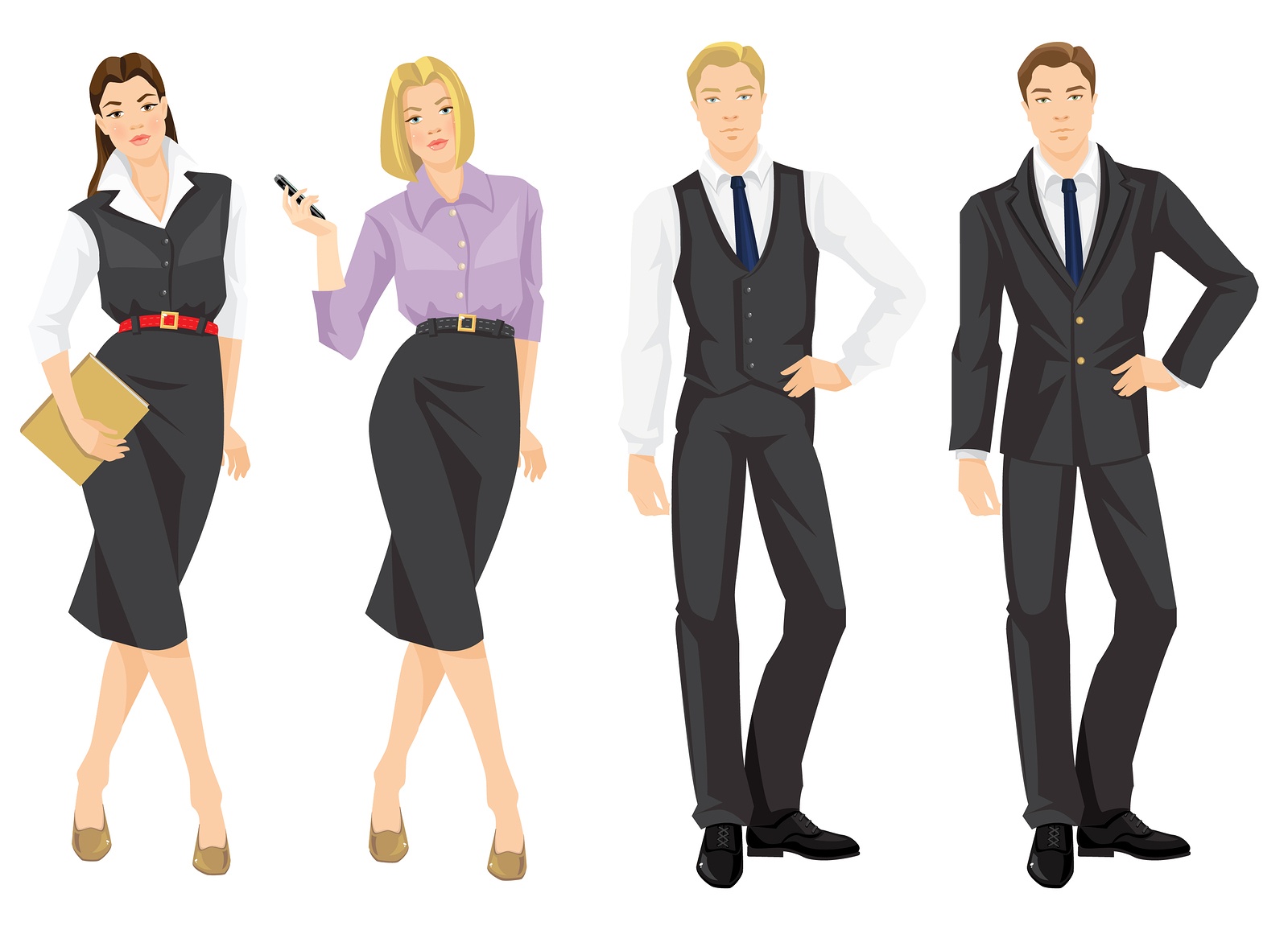 Dibujo de dos mujeres y dos hombres vestidos de manera formal.
