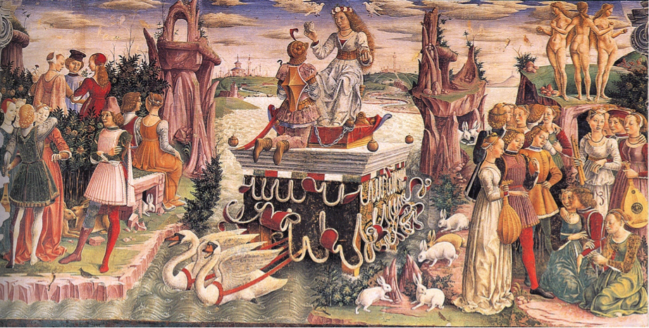 Abril de Francesco Cossa, fresco del Palazzo Schifanoia, Ferrara, Italia.