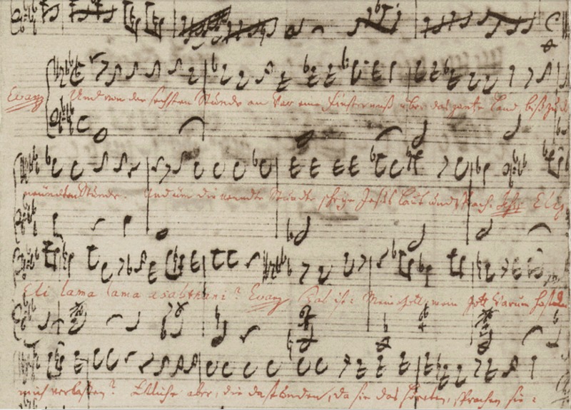Ilustración del autógrafo de Bach del recitativo con el texto de la muerte de Jesús de Nazaret del Evangelio, de la Pasión según San Mateo (Mateo 27: 45-47a)