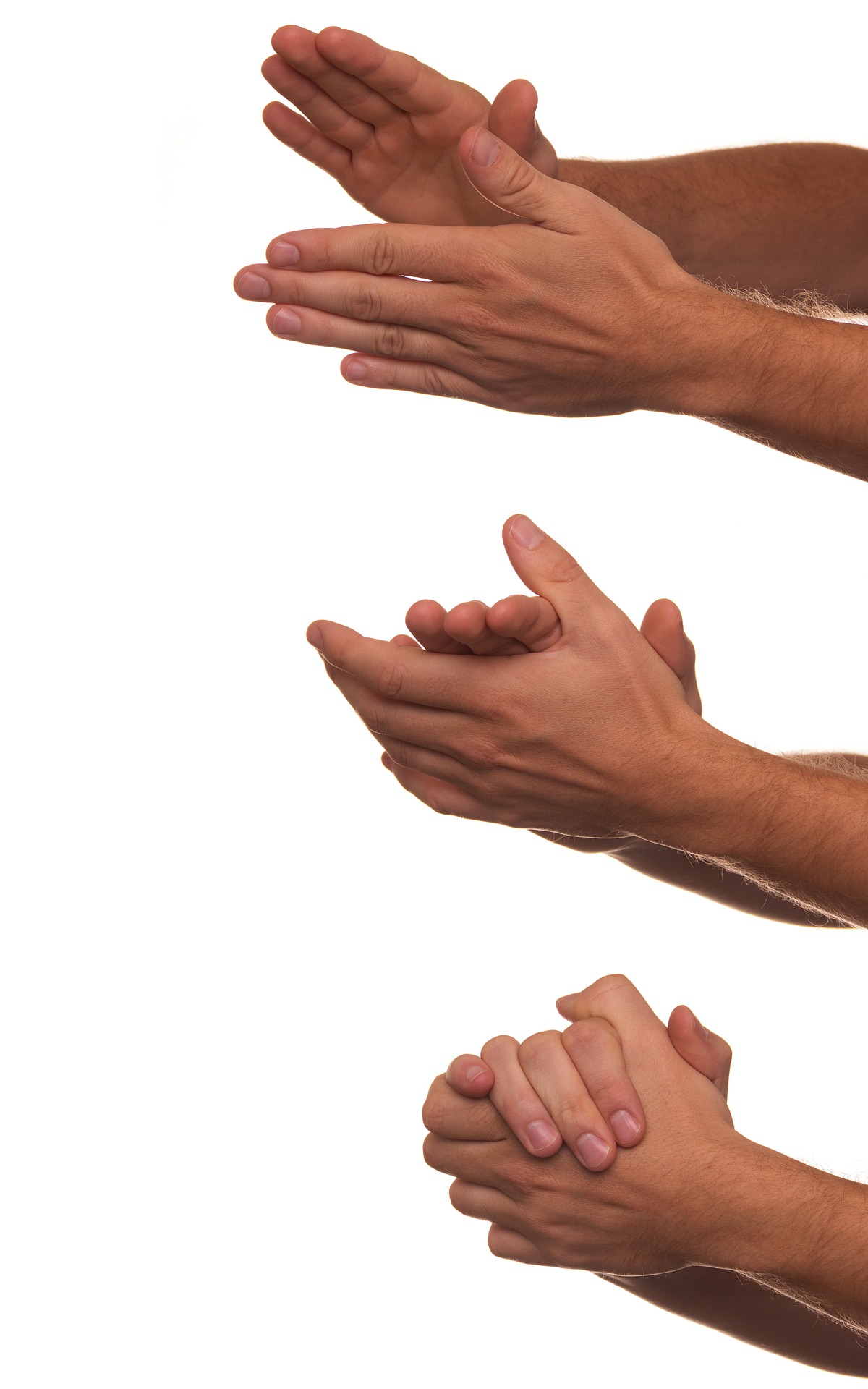 Tres pares de manos en distintos momentos de un aplauso.