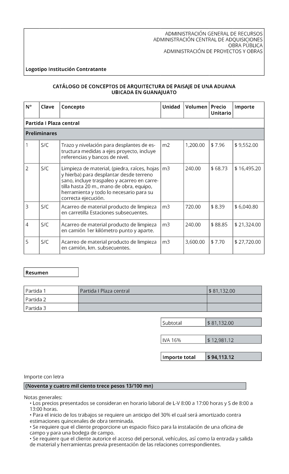 Plantilla de ejemplo de presupuesto de una obra pública Plantilla de ejemplo de presupuesto de una obra pública