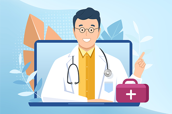 Ilustración que muestra a un médico en consulta.