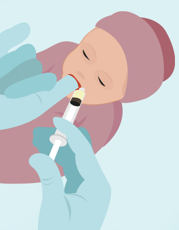 Ilustración que muestra cómo se aplica la calostroterapia en un RN.