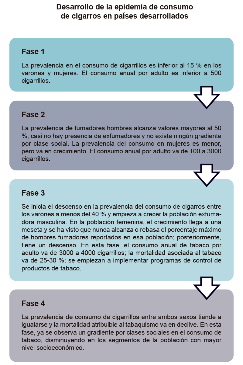 Figura que muestra las cuatro fases de desarrollo de la epidemia de consumo de cigarros en países desarrollados.