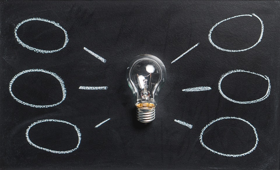 Foco sobre una pizarra rodeado de gráficos representando
la generación de ideas