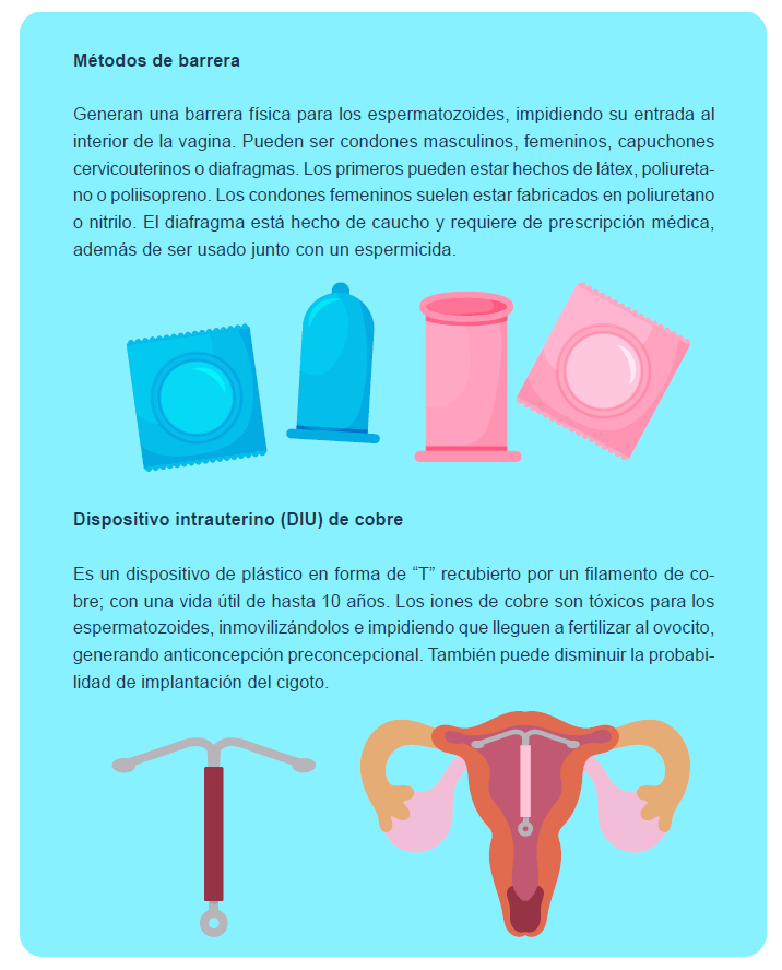 Ilustración el mecanismo de acción de los métodos anticonceptivos de barrera.
