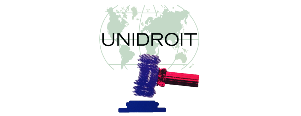 Siglas UNIDROIT, como marca de agua un mapa del mundo.