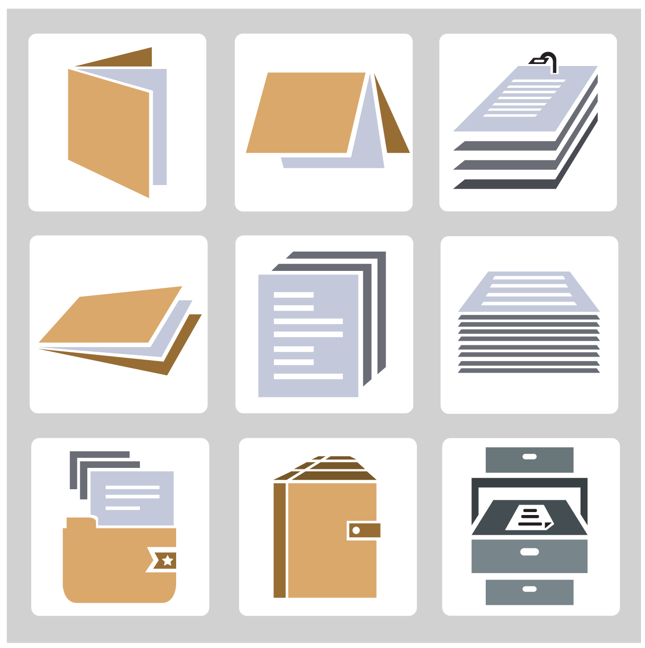 Íconos de documentos: apilados, en folders y archivados. Representan la ordenación de los archivos en el proceso de ordenación documental