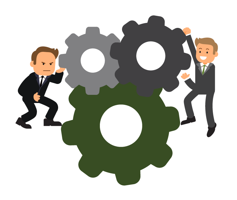 Empleados interactuando, sobre engranes.
