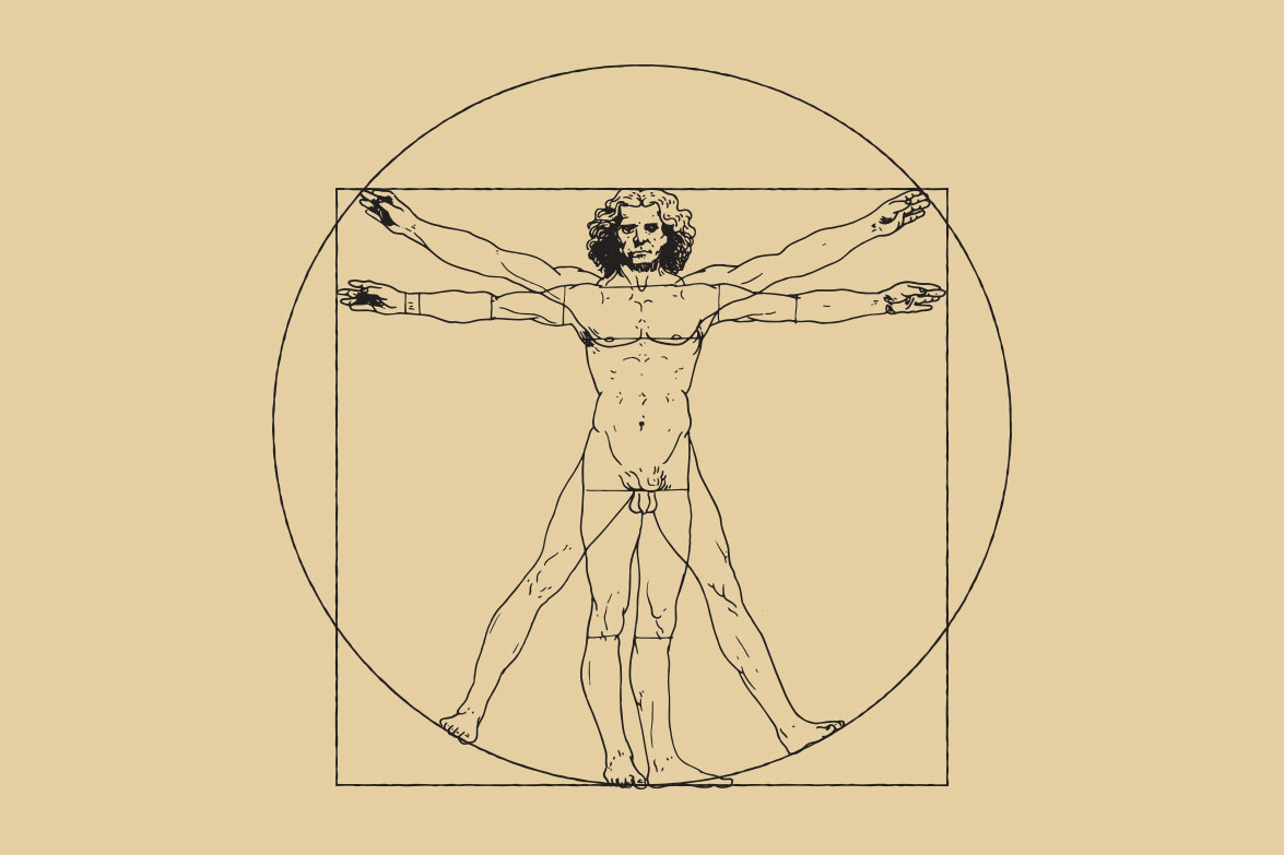 Ilustración de un hombre con brazos y pies extendidos dentro de un cuadro