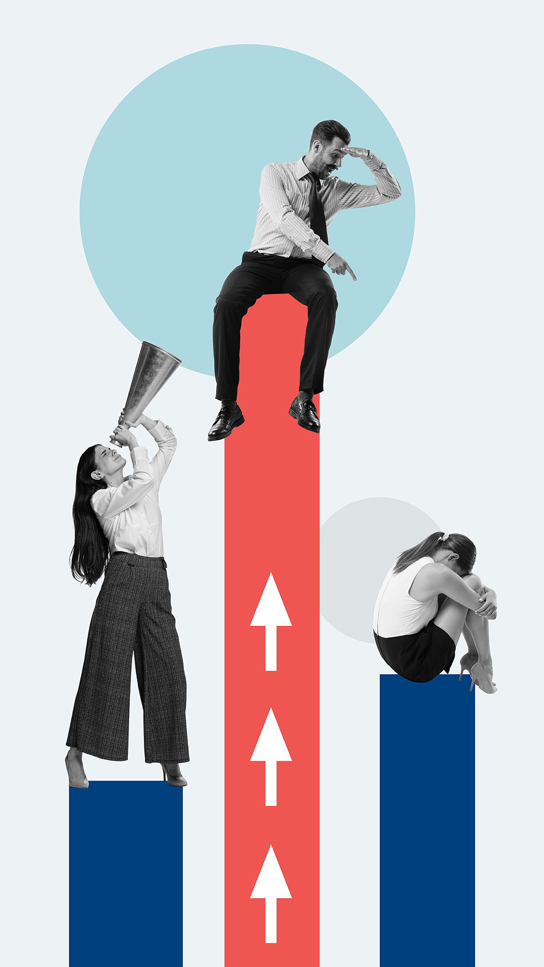 Personas en diferentes escalones teniendo diferentes reacciones a los obstáculos