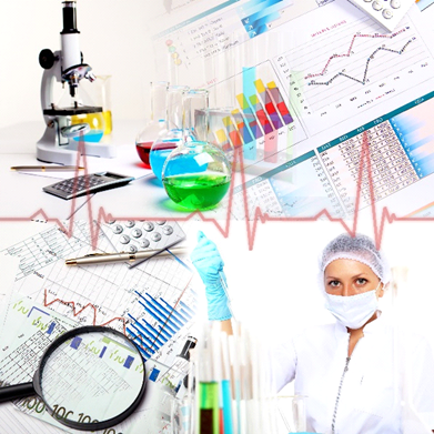 collage de elementos de investigación científica (notas, documentos, microscopio, tubos de ensayo, soluciones en matraz, científica haciendo pruebas) 
