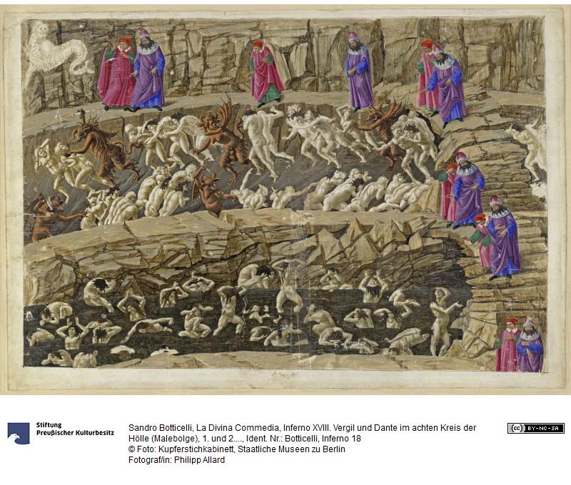 Dibujo de Sandro Botticelli. La Divina Comedia, Infierno XVIII. Museo de Grabados y Dibujos de Berlín