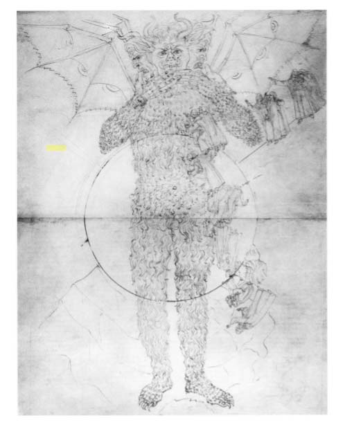 Dibujo de Sandro Botticelli. Lucifer Inferno XXXIV. Lucifer con tres caras y alas