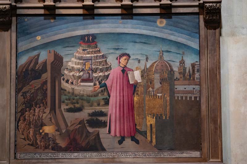 Pintura de Michelino. La Divina Comedia ilumina Florencia. Dante aparece frente a una montaña circular escalonada