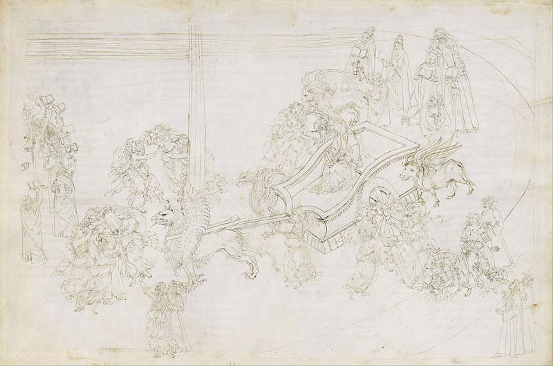Dibujo de Sandro Botticelli. Purgatorio 31. Beatriz aparece en un carro triunfal conducido por el grifo y circundado por animales mitológicos