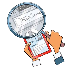 Una mano sujeta una tableta, mientras la otra observa con una lupa la url en pantalla.