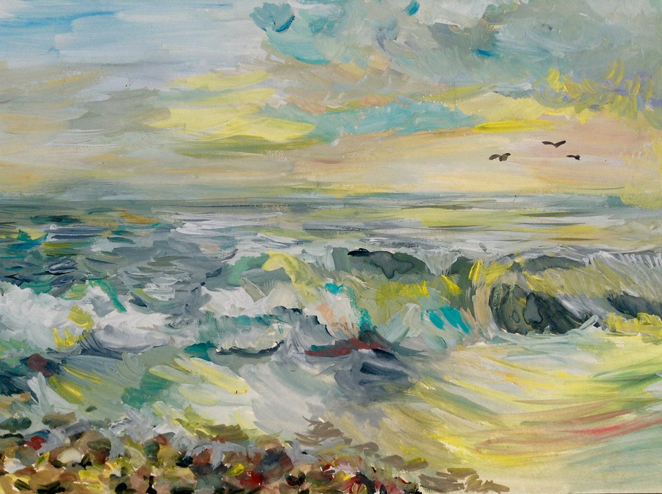 Paisaje de mar y cielo en gouache