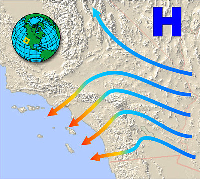 Mapa del viento de Santa Ana Ilustración de la propagación del viento de Santa Ana