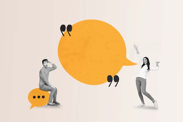 Dos personas comunicándose Hombre y mujer con un globo de texto en medio que denota comunicación
