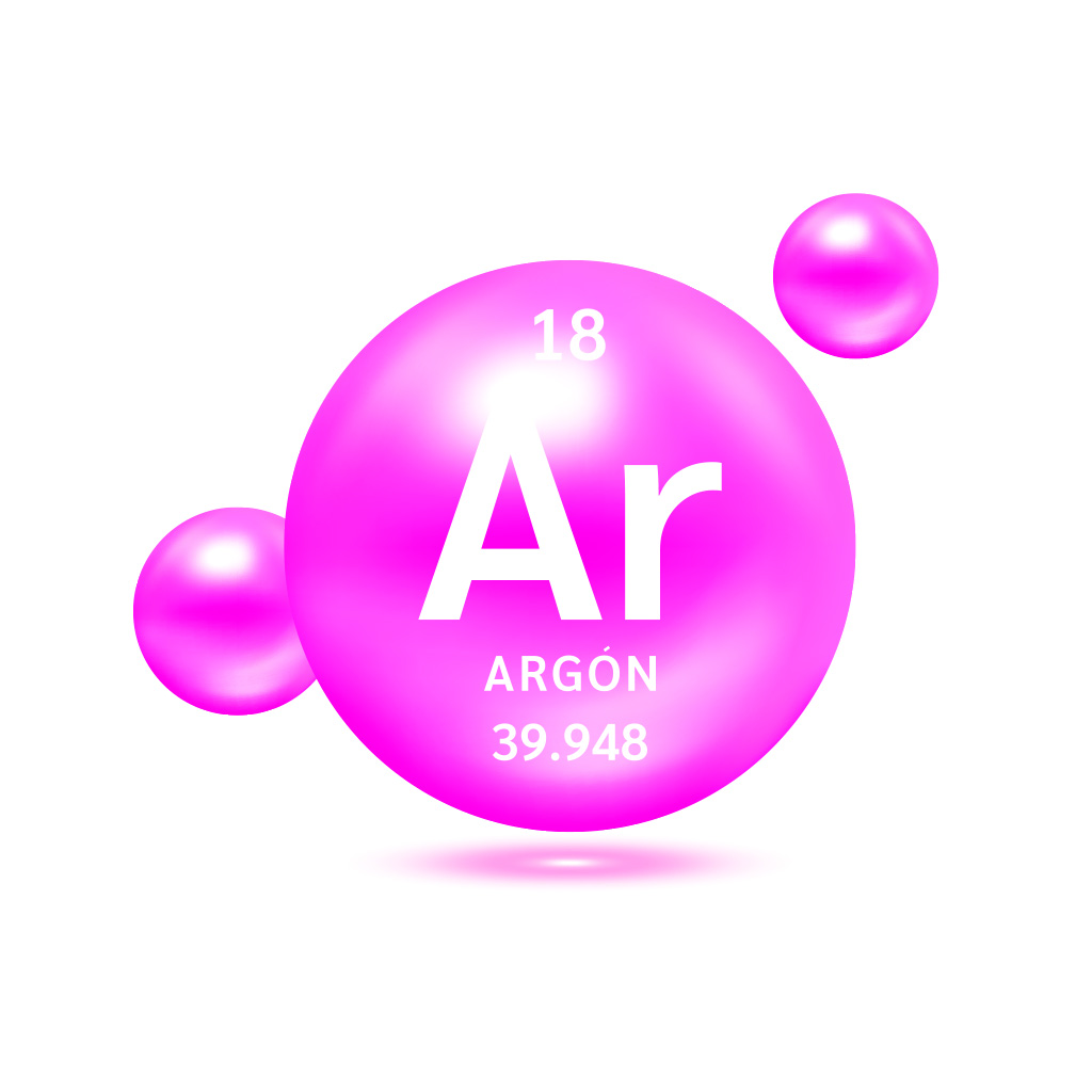 Argón (Ar) Tres esferas rosas una junto a la otra