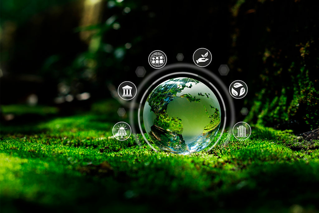 Bola de cristal sobre musgo, rodeada de iconos de sostenibilidad. Cualquier proyecto productivo debe contemplar factores económicos, ecológicos y sociales para su adecuada viabilidad Bola de cristal con íconos de medio ambiente y leyes en fondo de bosque