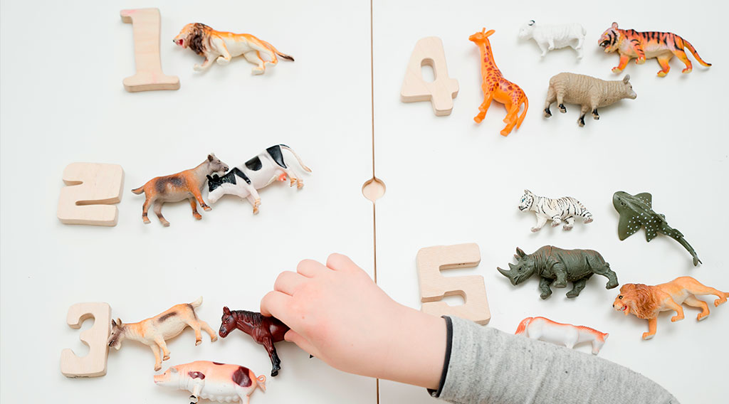 Conteo y clasificación de animales Mano clasifica figuras de animales en grupos