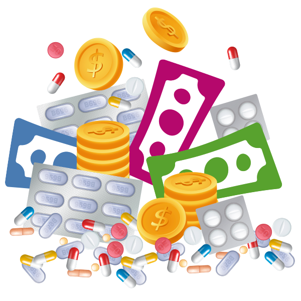 Ilustración que muestra dinero y medicamentos.