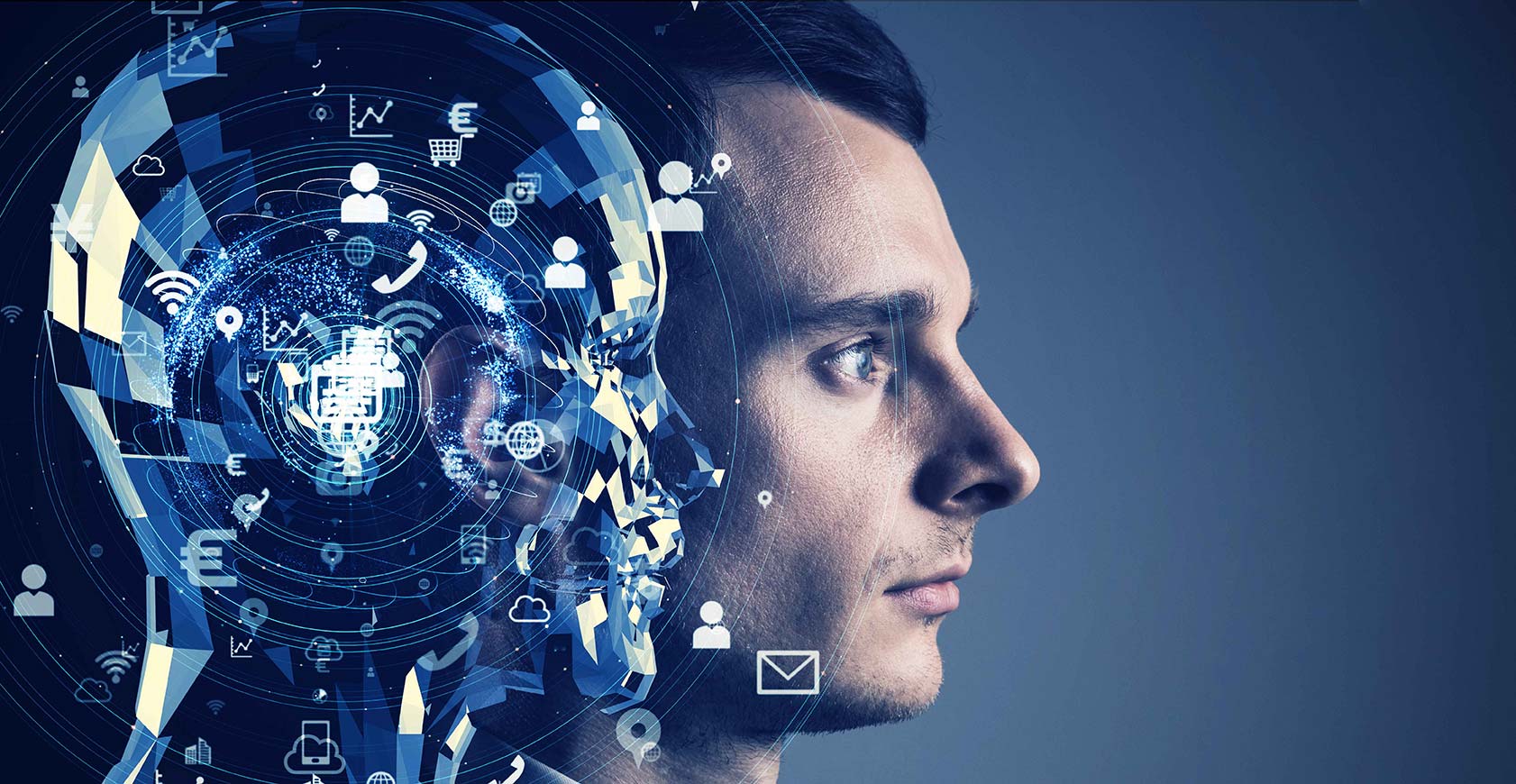 Concepto de inteligencia artificial Dos cabezas, una humana y otra de robot