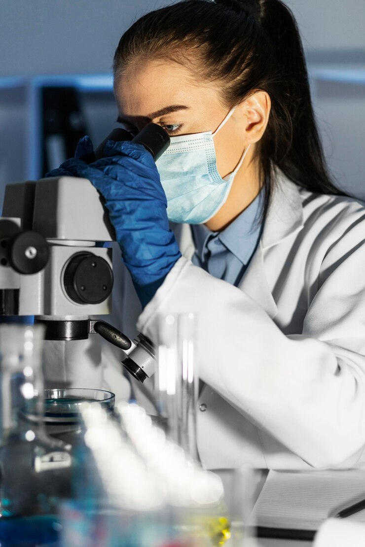 Mujer observando a través de un microscopio