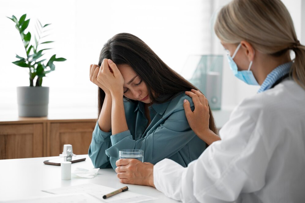 Negación Mujer angustiada por el diagnóstico de su enfermedad